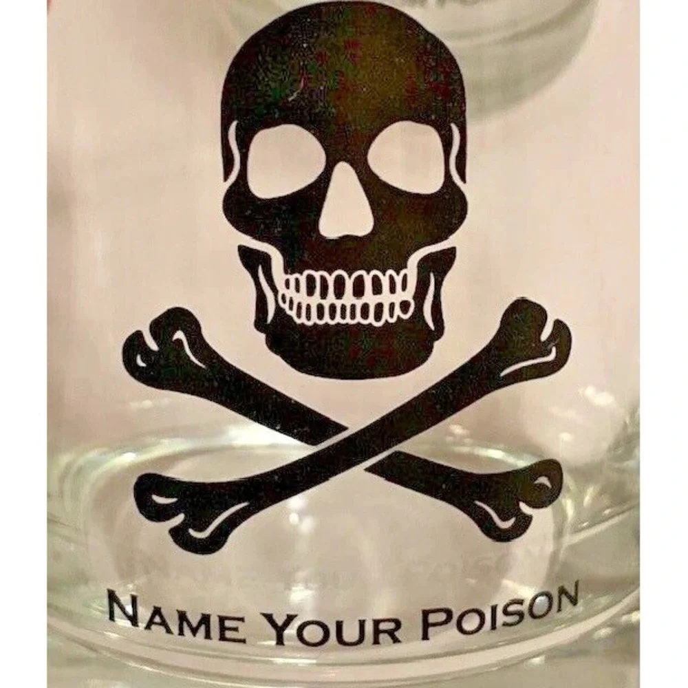 Halloween Skull Crossbones Name Your Poison Rocks Glass VTG MCM Glasses Set 4PC